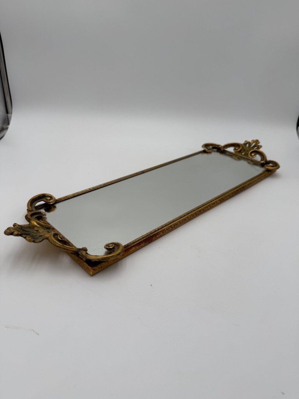 Vintage Gold Ornate Rectangular Mirror Tray Vanity GIlt Victorian